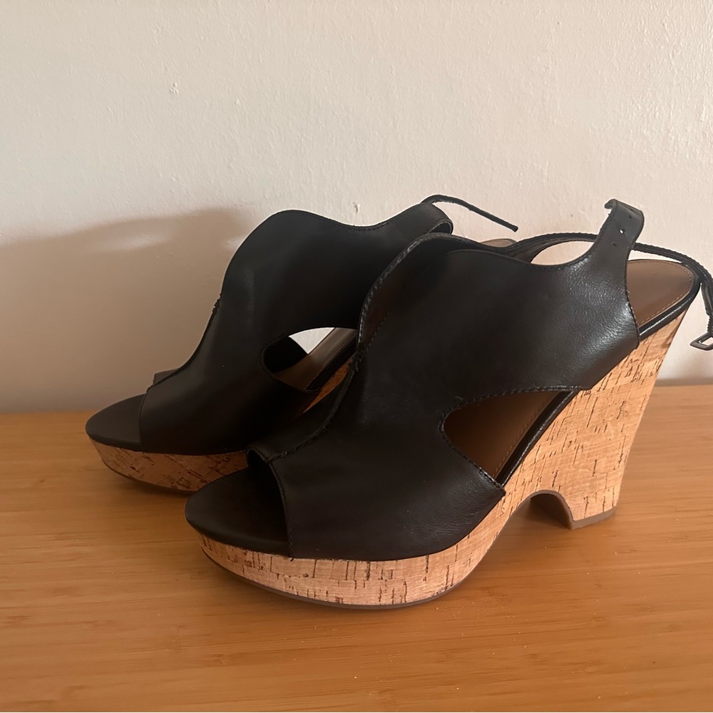 Franco Sarto Black and Tan Wedge Sandals